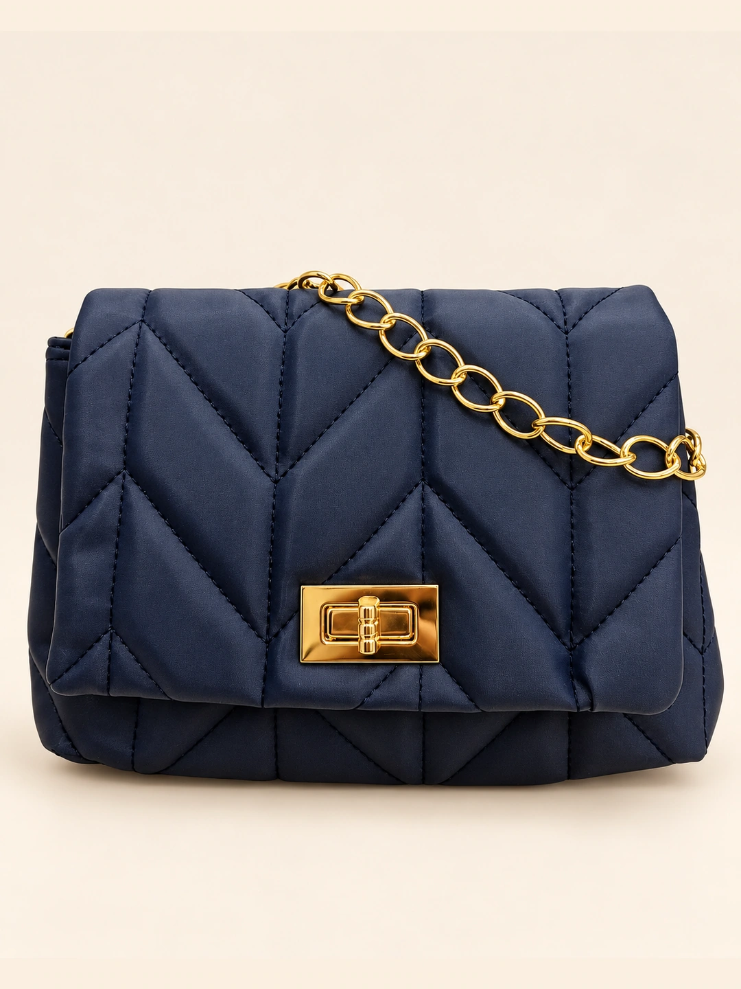 Lacivert Geometrik Kapitone Gold Zincirli Mini Çanta